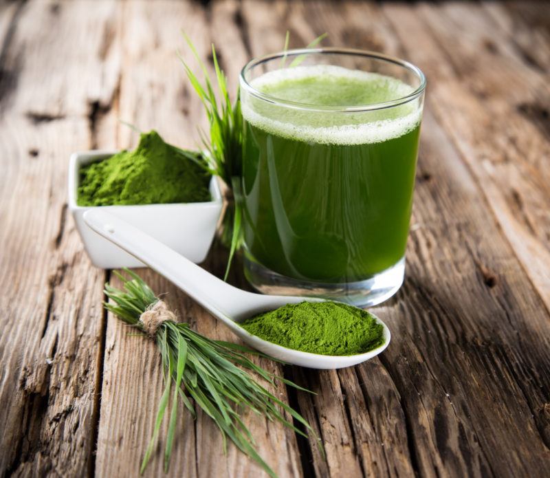 a glass of spirulina tea, with barley leaves and powdered spirulina at the side