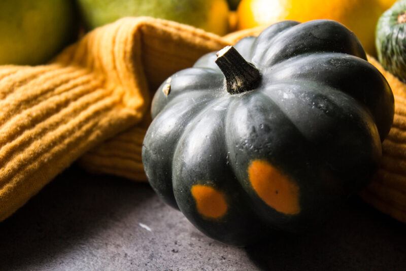 a closeup image of a whole acorn squash with a mustard colored kitchen towel at the back