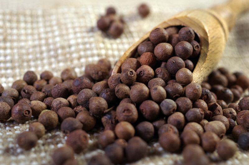 on a table napkin is a small pile of allspice with a wooden scoop