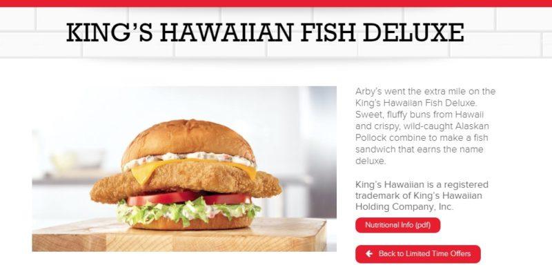 arby's king Hawaiian deluxe fish sandwich 