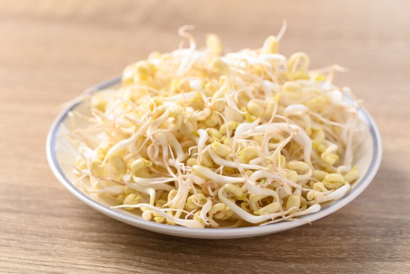 on light brown wooden surface is a dish full of bean sprouts