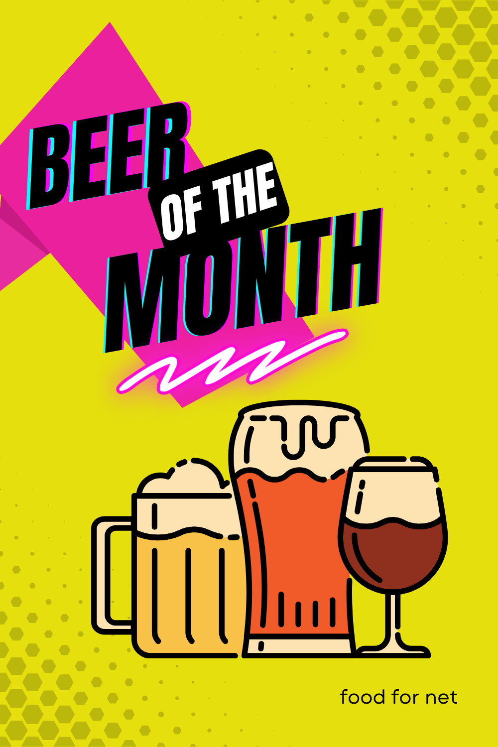 neon pink and yellow stylized 'beer of the month' text with craft beer icons