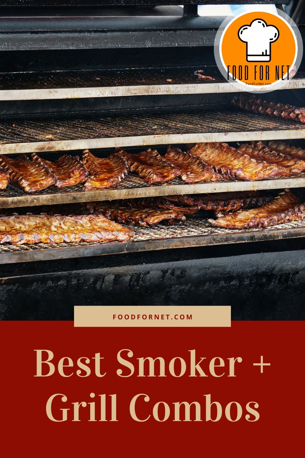 smoked ribs on a large wood-fired grill with text "best Smoker + Grill Combos"