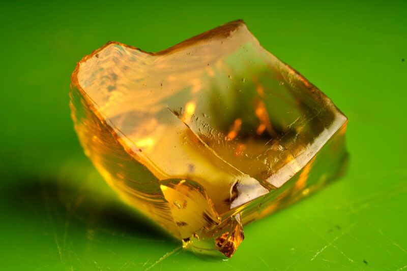 A chunk of yellow jello on a green background to represent the best plant-based gelatin