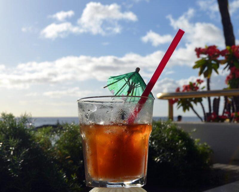 a tropical mai tai with greenery and ad blue sky in the background to represent the best rum for mai tais