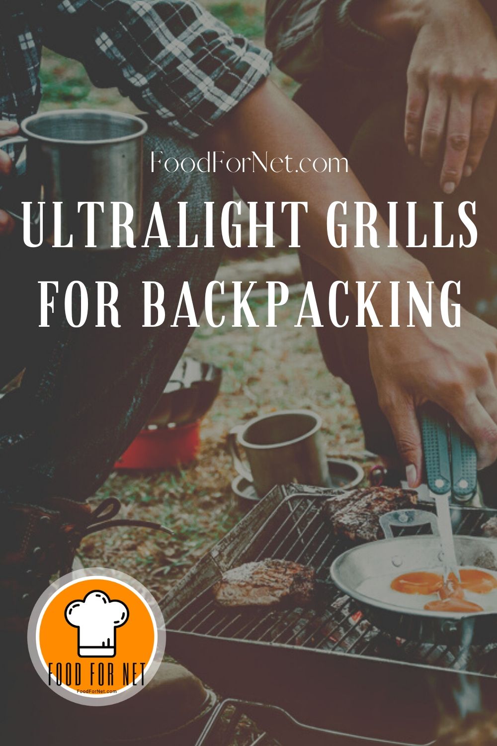 man cooking eggs over ultralight grill camping somewhere in the forest