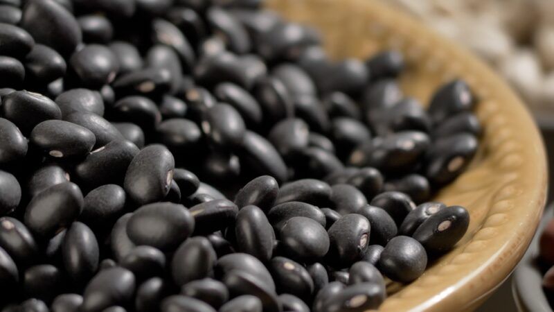 closeup image of a brown ceramic bowl full of black beans