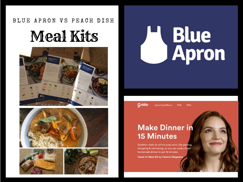 pictures of blue apron and gobble logos, home pages, meal kits, finished recipes, ingredients, and recipe cards