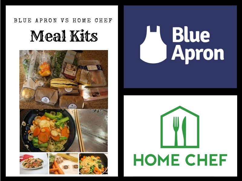 blue apron vs home chef (1) | Food For Net graphic with home chef and blue apron meal ingredients, cooked meals, and company logos