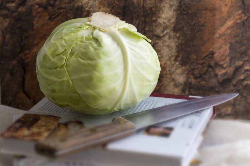 a head of cabbage resting on a hard-covered book with a knife beside it