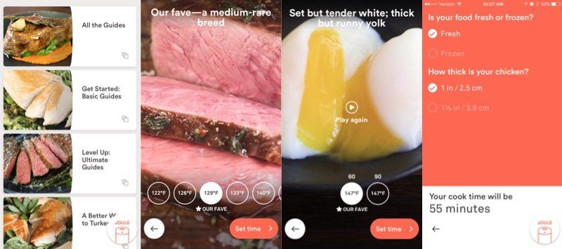 inside the joule app pictures of steak, eggs, and settings