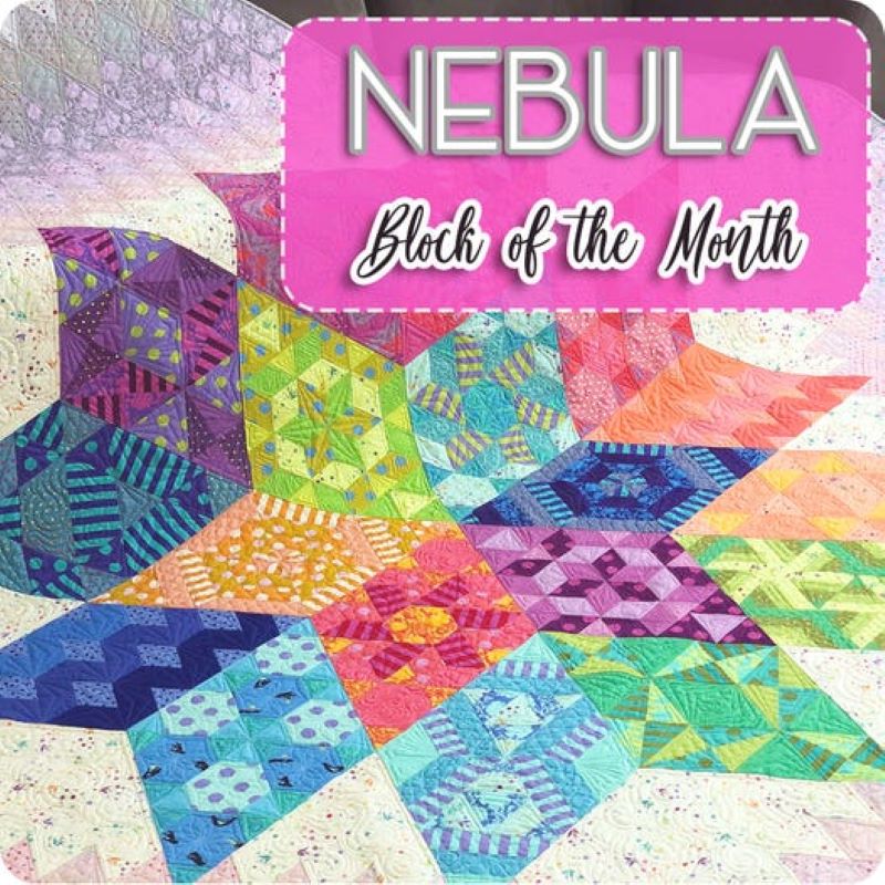 bright neon colored blocks of various shapes in the shape of a pinwheel with text in the upper right corner that says Nebula block of the month