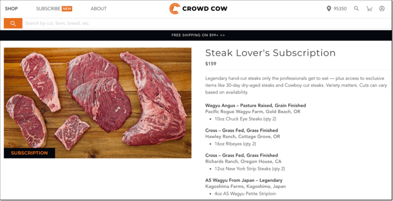 crowd cow steak lovers club with view of typical box