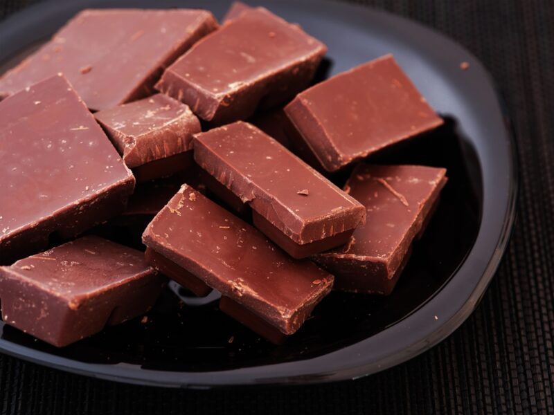 closeup up of a black bowl with broken dark chocolate bars