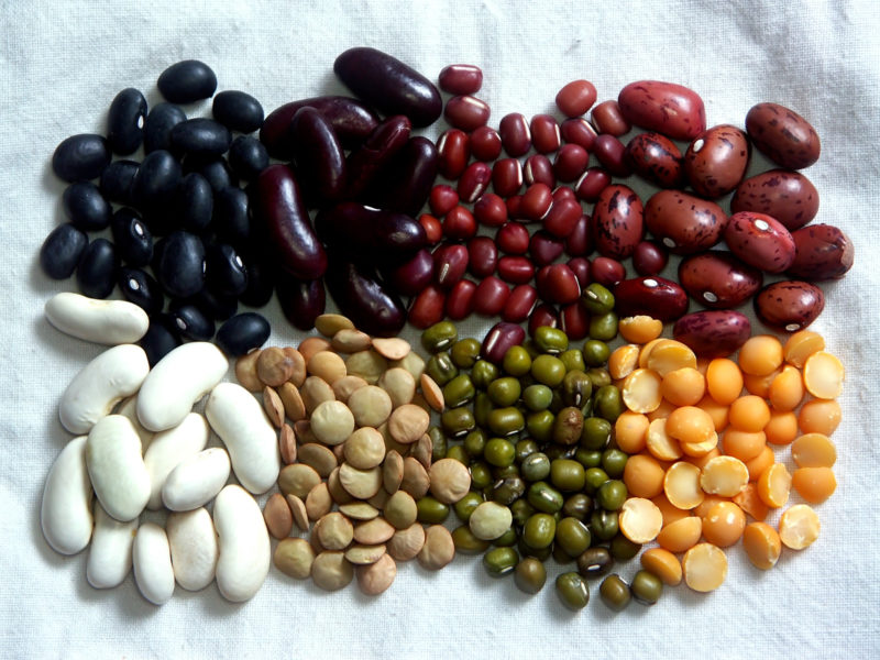 black eyed peas, kidney beans, chickpeas, and other types of beans on top of a white cloth