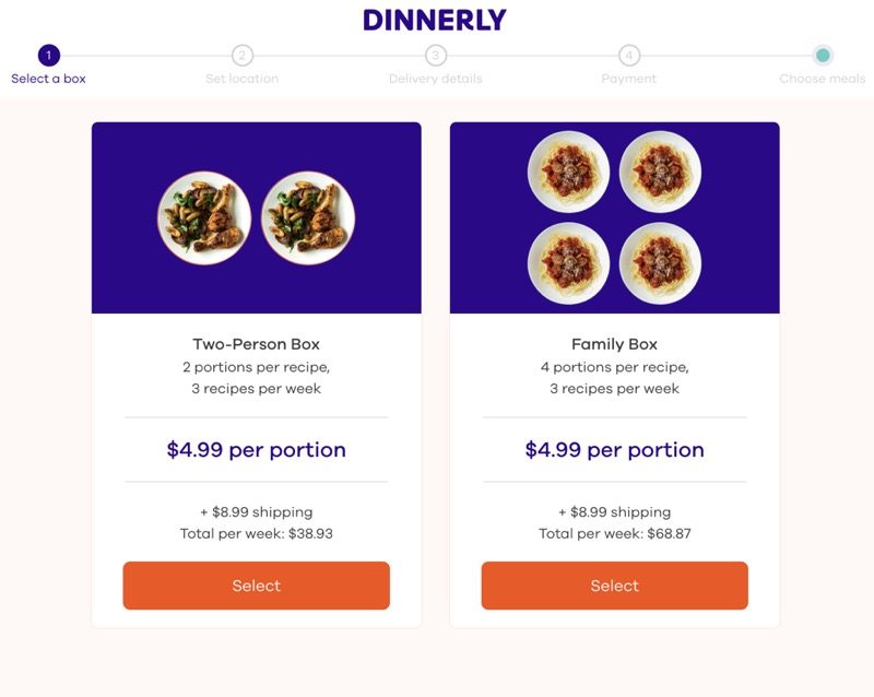 dinnerly five dollar meal options for family or 2-person