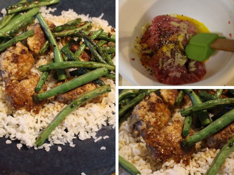 beef meatballs and konjac rice with greenbeans shown in three steps of cooking and serving