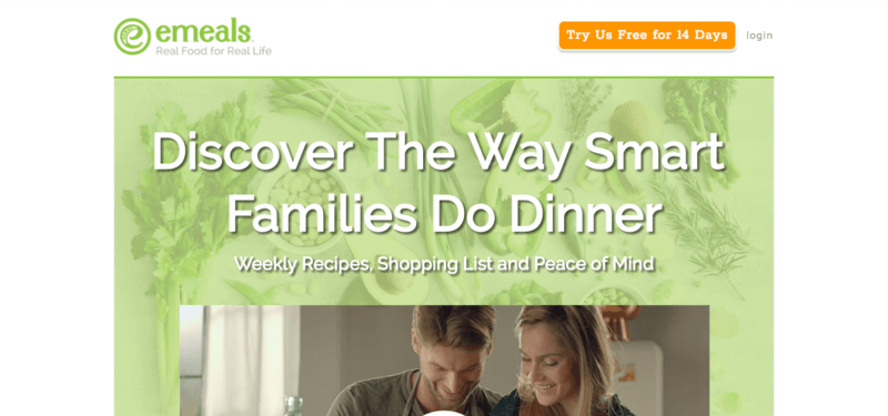 eMeals website screenshot showing a young family cooking, under text that says 'Discover the Way Smart Families Do Dinner'