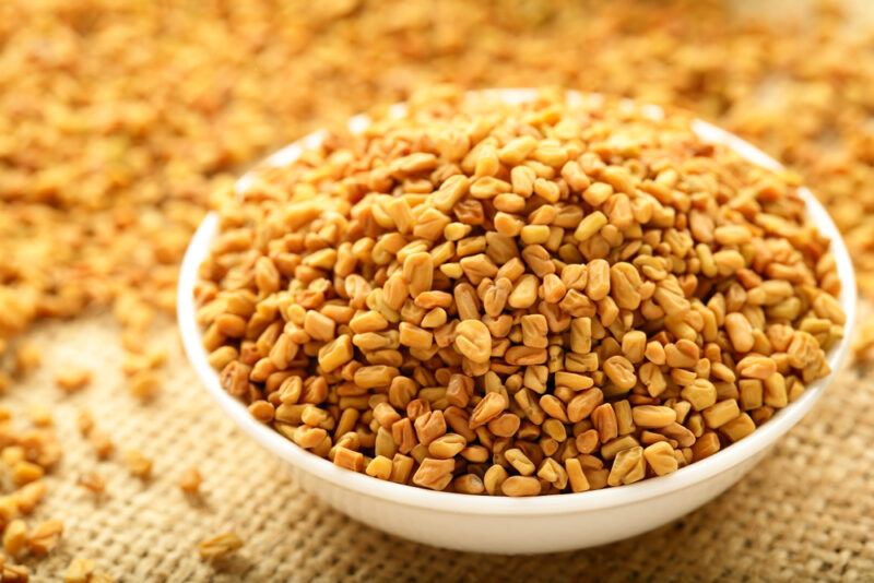 a closeup image of a white bowl full of fenugreek with a thin spread of fenugreek behind it