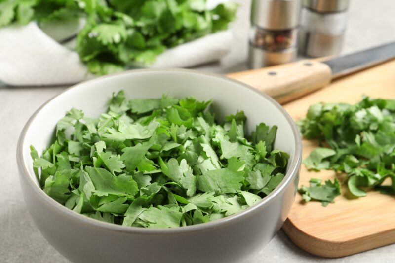 a white and grey bowl of chopped cilantro with a wooden chopping board with chopped fresh cilantro and bunch of fresh cilantro at the back