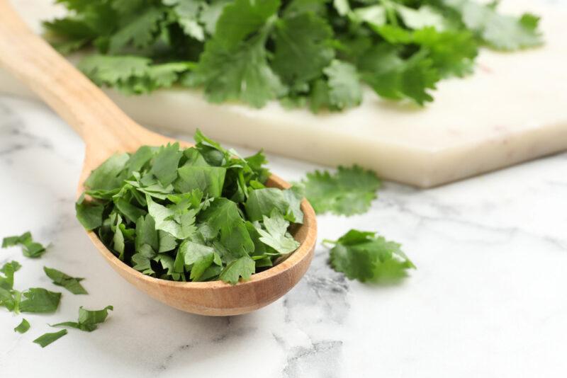 a wooden ladle full of fresh cilantro on a marble surface, with loose fresh cilantro and a chopping board at the back with fresh cilantro as well