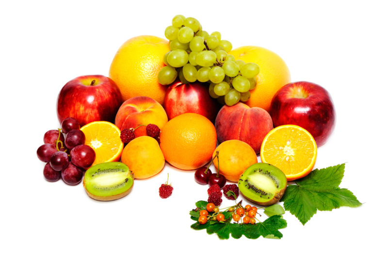 grapes, apples, oranges, kiwis on a white background.