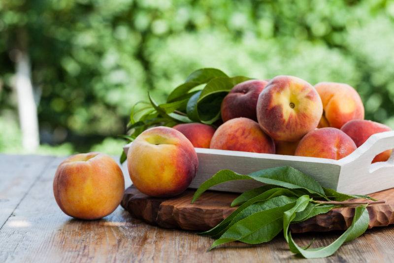 a shot outside featuring a plate full of fresh peaches on a wooden picnic table