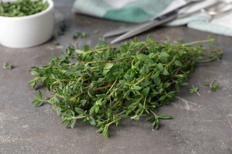 on a concrete surface is a bunch of fresh thyme with a white small bowl at the back with chopped thyme and scissors