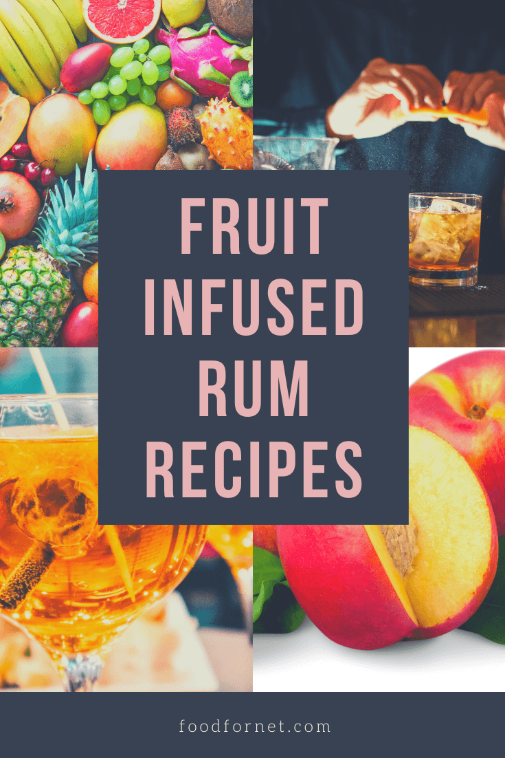 various fruits and rum pictures including exotic tropical fruits and peaches, plus rum drinks in glasses