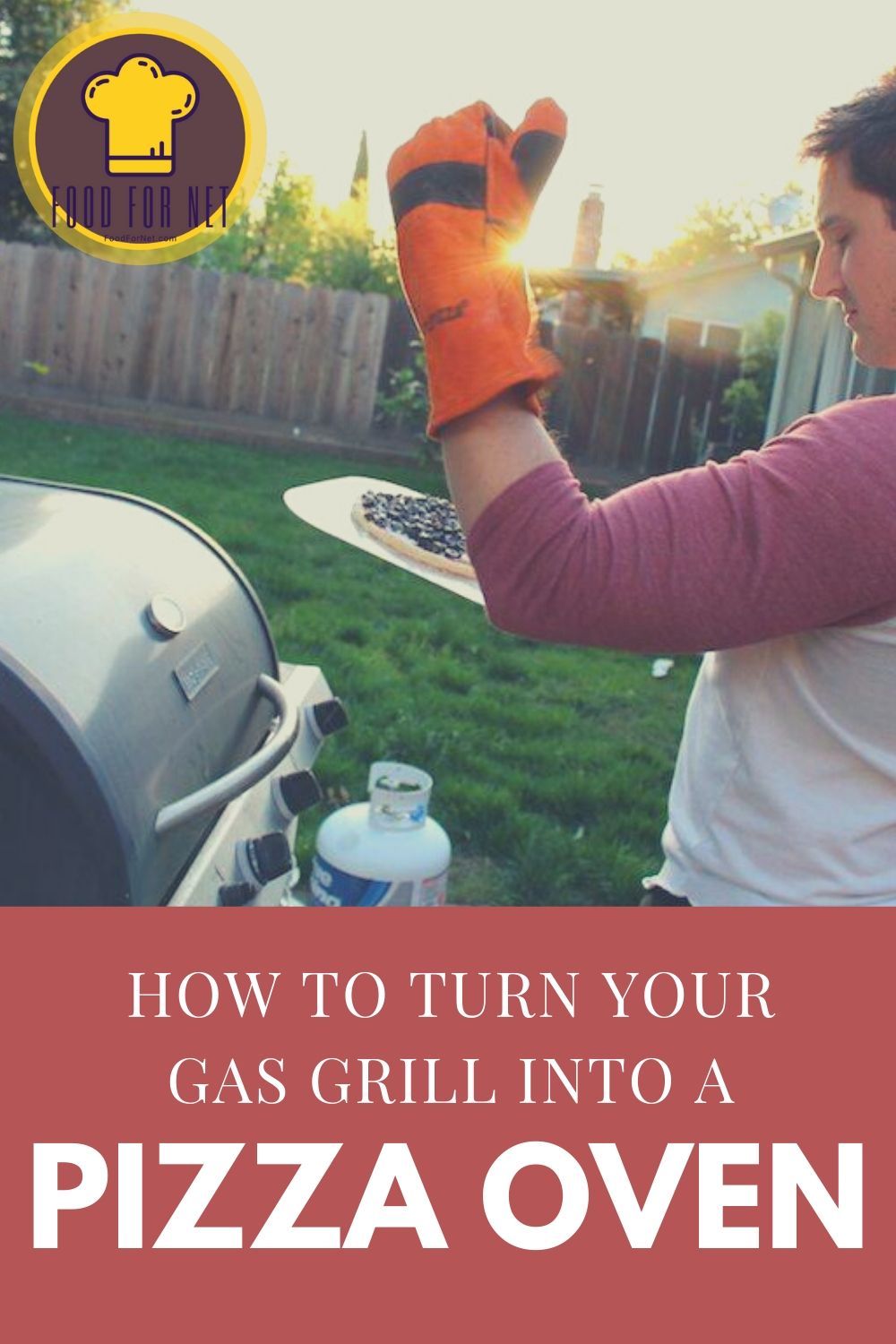 Turn Your Gas Grill Into A Pizza Oven. man putting olive pizza into gas grill with metal pizza peel in his backyard