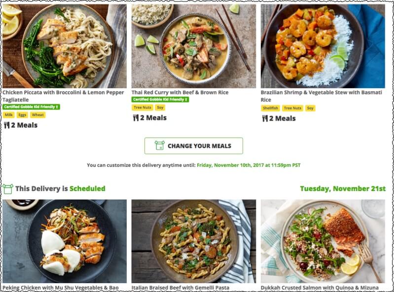 gobble meal kit options showing meals from current week and the future week