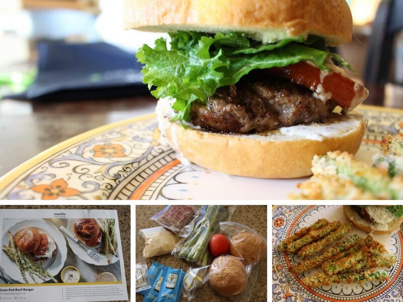 image of grass fed beef burger and cooking process including recipe notes, ingredients, and baked asparagus side