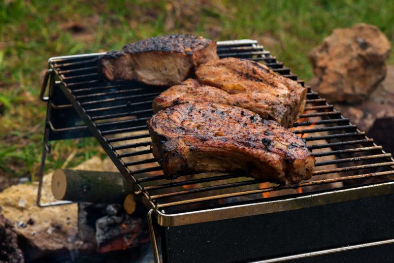 grill steaks on an ultralight grill in heavily wooded area sitting over fire pit