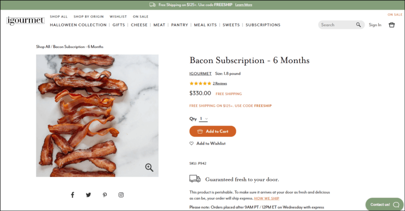 screenshot of iGourmet Bacon Of The Month Club's dominantly white page with olive green announcement bar on top followed by the header with the website's name and navigation menu, the main content area shows details of the bacon club subscription accompanied by an image of cooked bacon