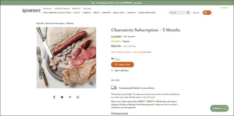 screenshot of iGourmet Charcuterie Subscription's web page, dominantly white page with pale green announcement bar on top followed by the website's name and main menu, the page displays the details of the subscription plans