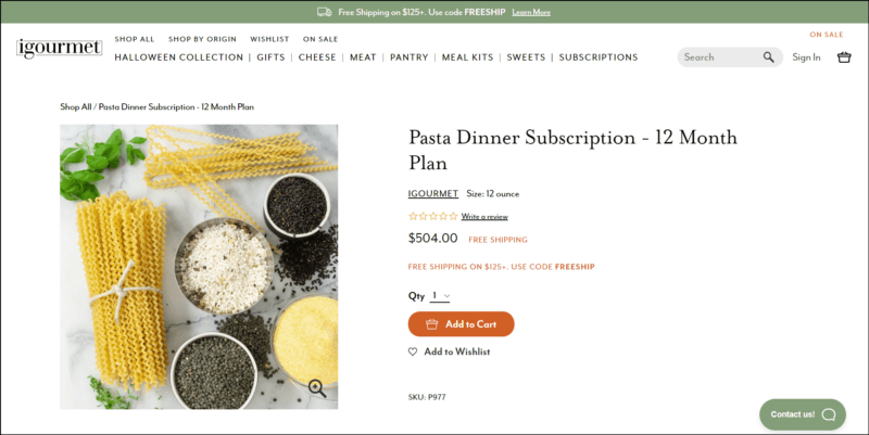 screenshot of igourmet Pasta Dinner Subscription's web page which is dominantly white with green announcement bar on top followed by the header with the website's name and main navigation menu, the main content area shows the detail of the pasta dinner subscription accompanied by an image of raw pasta, grains, and herbs