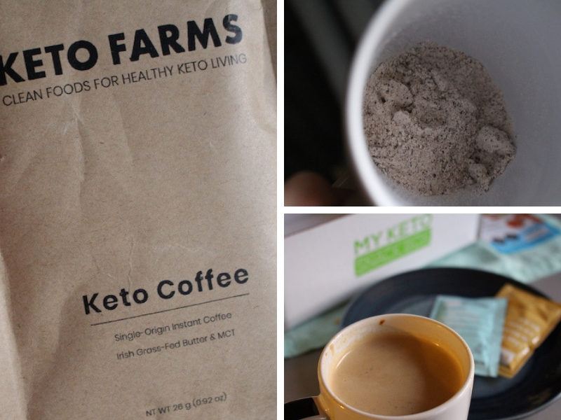 keto coffee shown in package, in cup (dry), and prepared