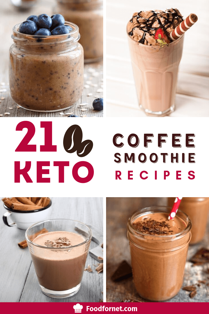 four styles of keto coffee smoothies with coffee beans and fruit