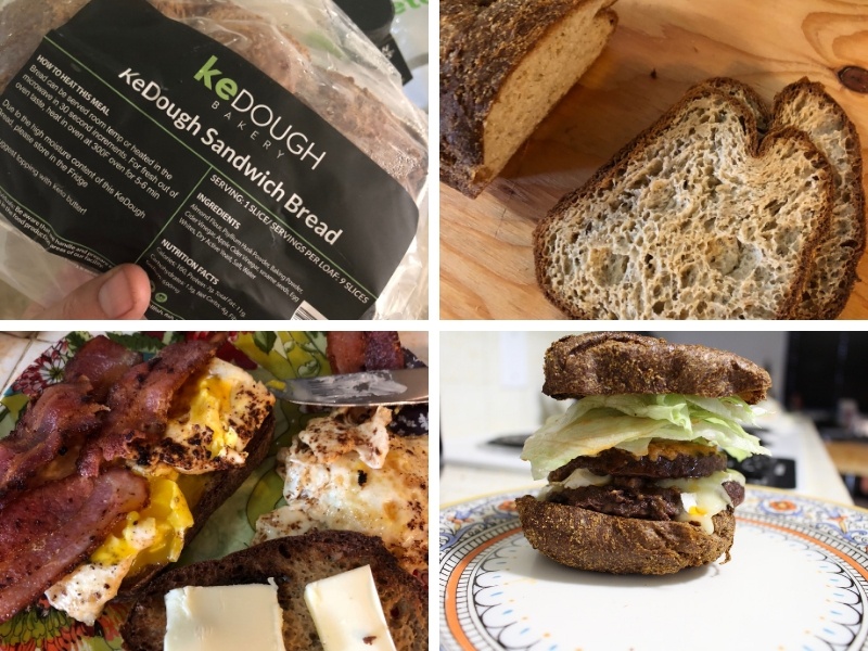 photos of kedough sandwich bread whole, sliced, then part of a bacon egg breakfast sandwich for a keto-friendly breakfast.