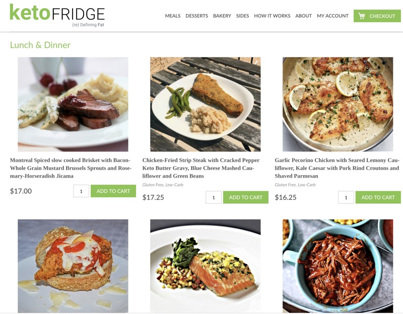 screenshot of ketofridge website showing what meals are currently available to order