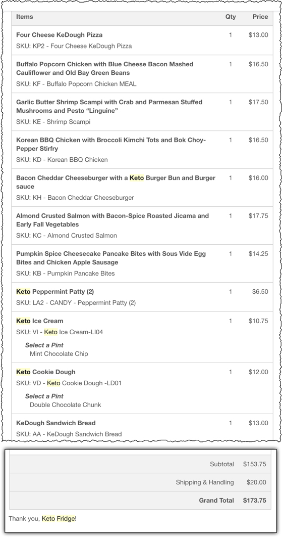 screenshot of my order total from ketofridge.com