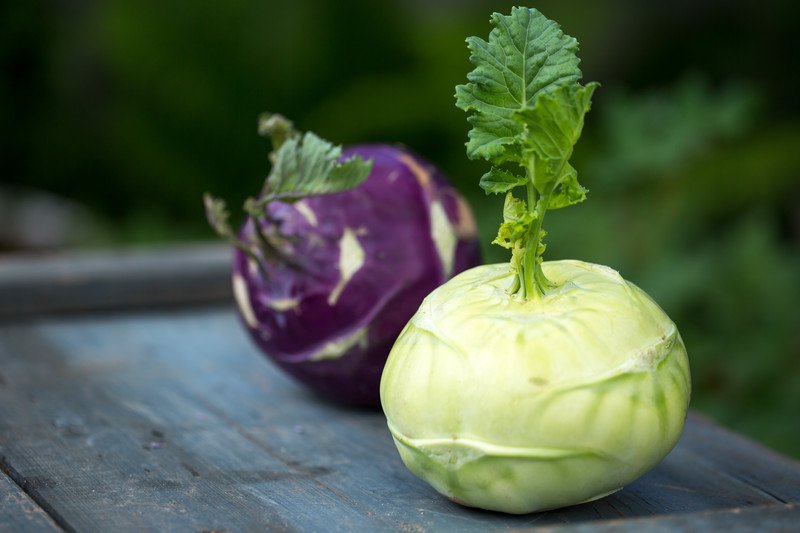 a closeup image of a pale-green Kohlrabi with purple Kohlrabi at the back, resting on a wooden surface