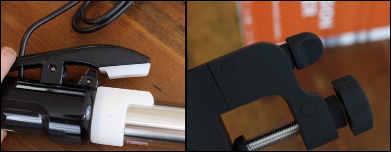 Lever clamp versus screw-down clamp. You can also see the heigh adjustment clamp