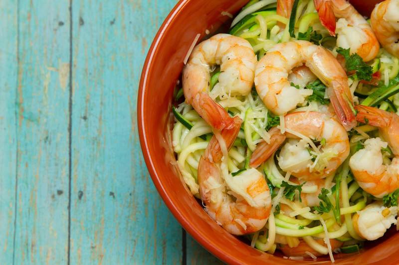 low carb meal kits | Food For Net zucchini pasta with sauted shrimp in an orange bowl with blue wood background