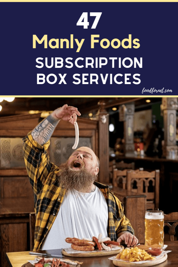 large man with a large beard eating a sausage in a funny way with text "manly food subscription services"