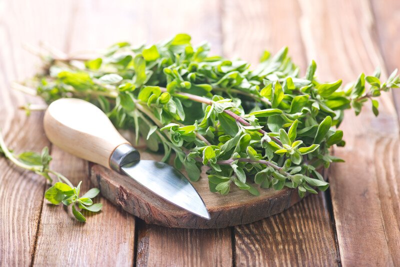 on a rustic wooden surface is a wooden chopping board with fresh marjoram and a knife on it