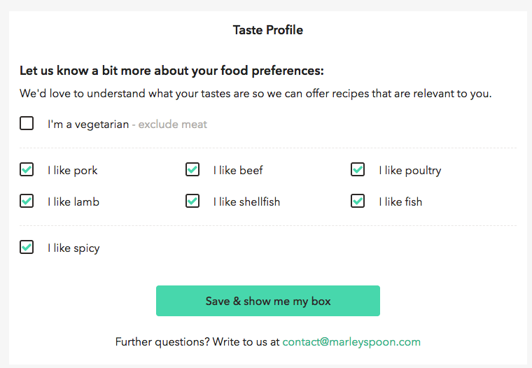 taste profile options for marley spoon