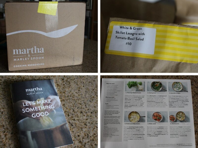 four panel image showing an unopened box, the individual bags of recipes, an introduction book to the program, and the details of the recipe card