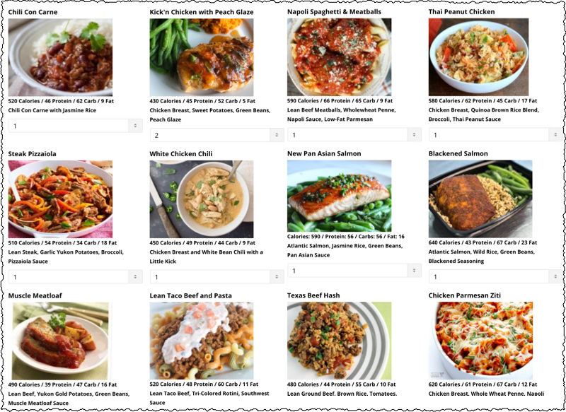 grid of 12 current meal options from Muscle Meals 2 Go