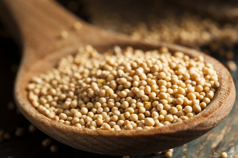 closeup image of mustard seeds on a wooden spoon